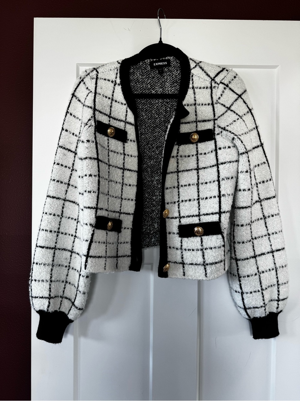 Express Black & White Plaid Tweed Blazer with Gold Buttons
